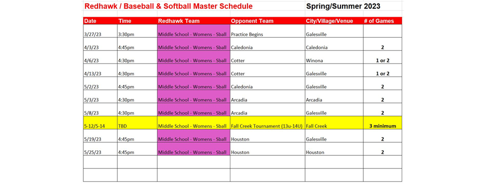 2023 Spring Softball Schedule